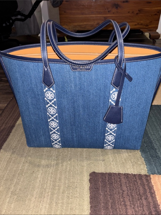 Tory Burch Handbags - Tory Burch Denim Tote with Navy Trim and Orange Interior
